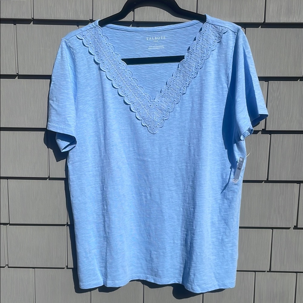 Talbots Sky Blue V-Neck Top with Lace Detail